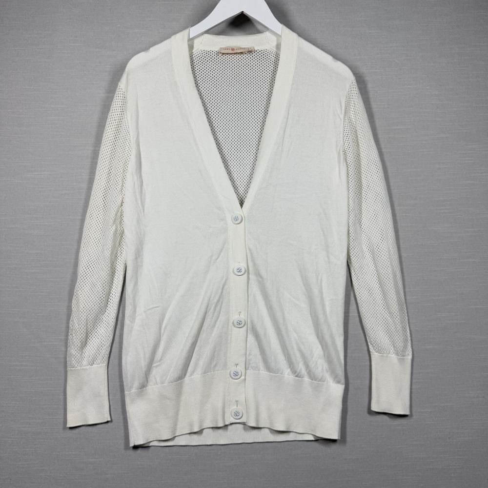Tory Burch Cardigan Womens Small White Mesh Quite Luxury Neutral Chic Classic